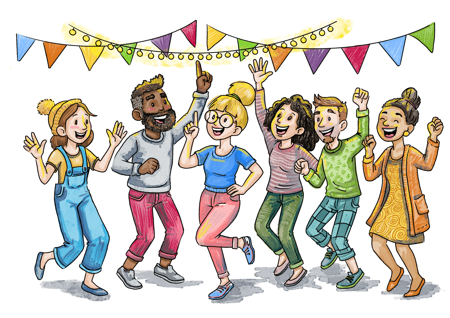 Eine bunt gemischte Gruppe Eltern feiert ein fröhliches Fest unter bunten Wimpeln und Lichterketten. Wir feiern uns und das Leben beim Party-Elternabend in der Kita "Villa Kunterbunt" in Düsseldorf.